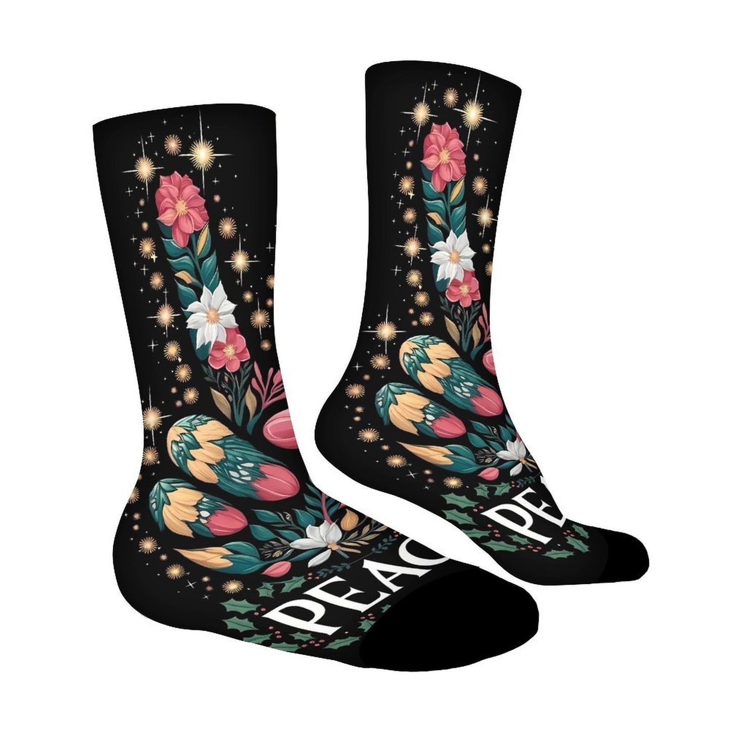 Peace Floral Pattern Mid-Calf Socks