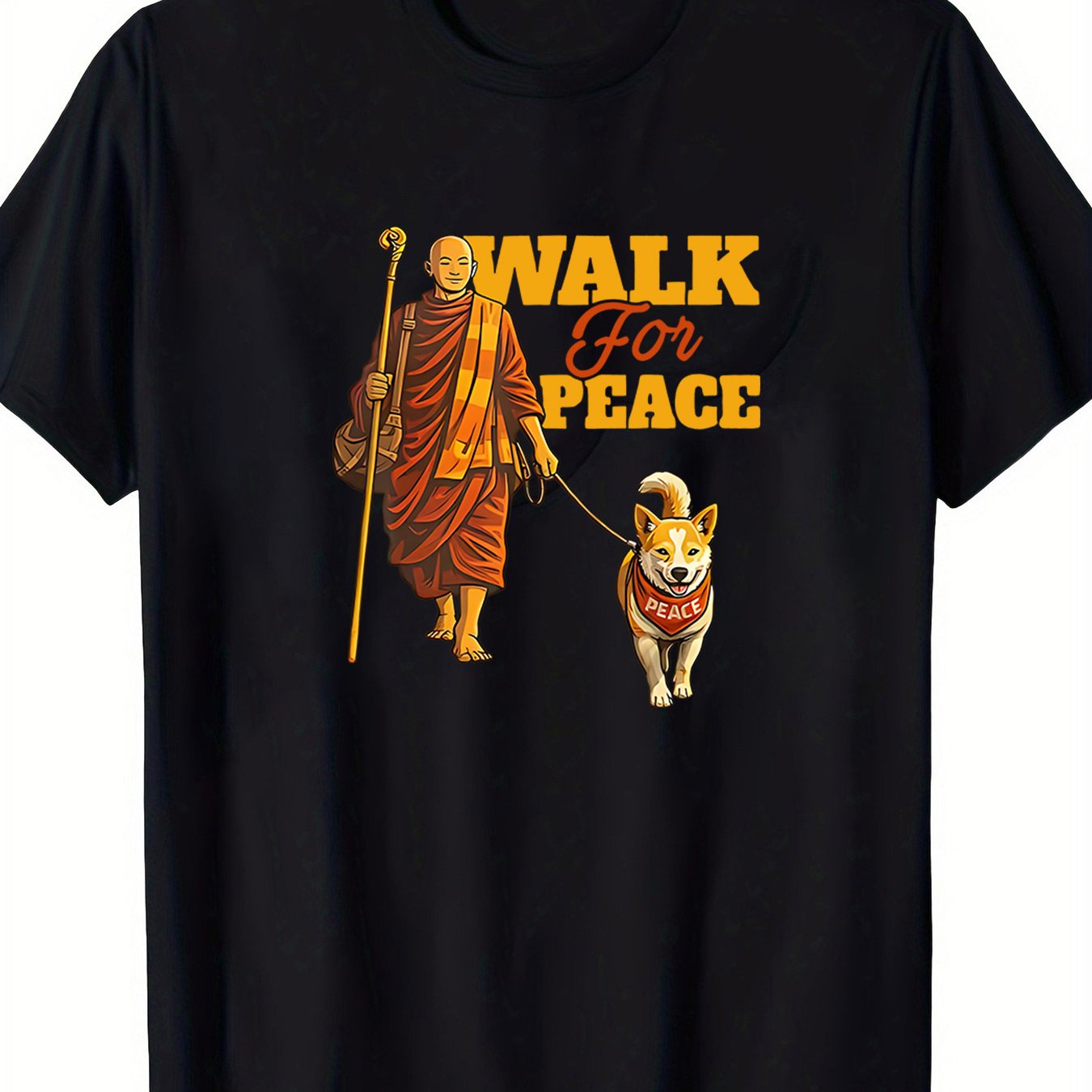 Monk Walking a Dog with The Phrase 'WALK for PEACE'