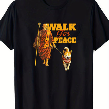 Monk Walking a Dog with The Phrase 'WALK for PEACE'