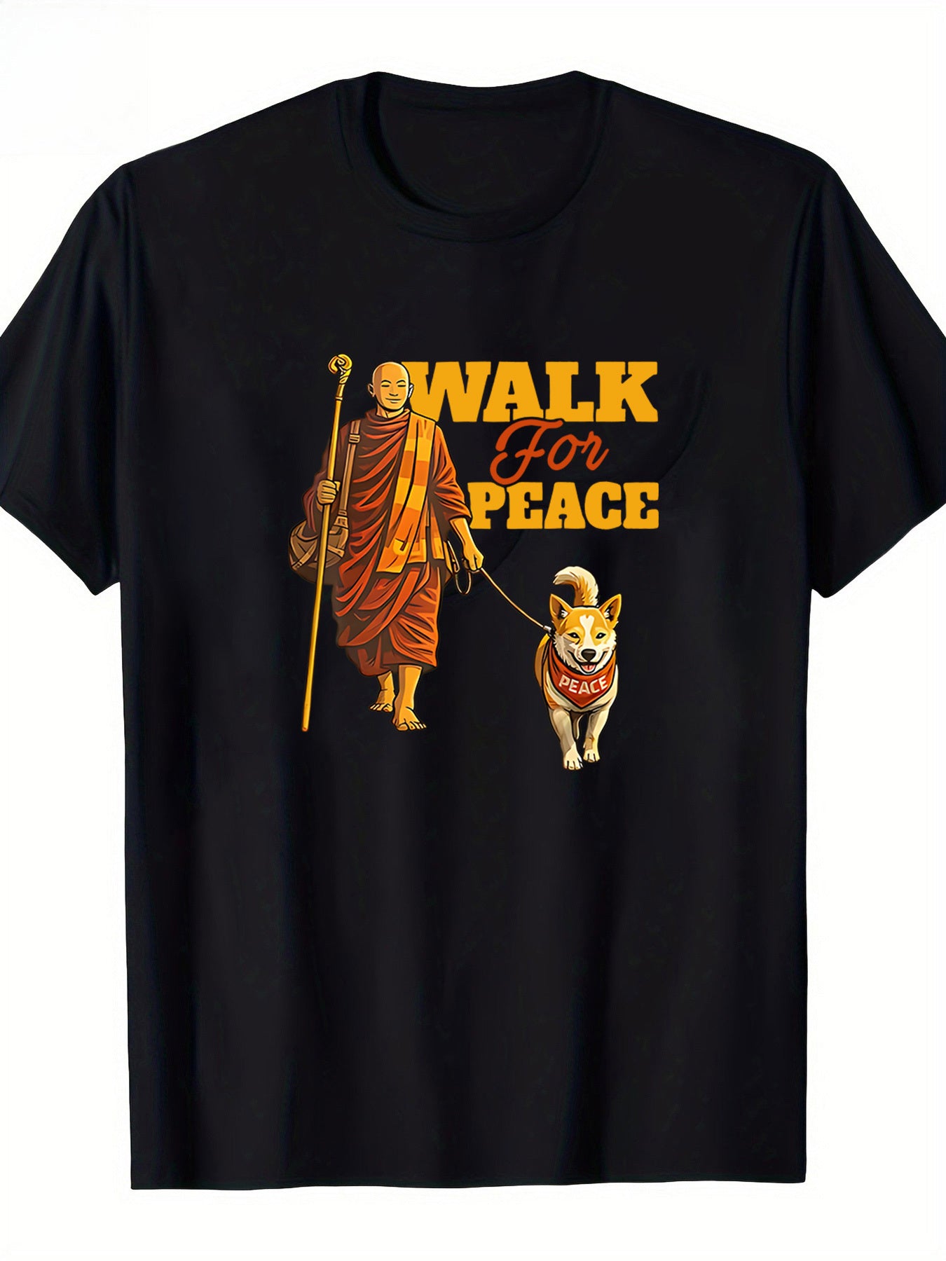 Monk Walking a Dog with The Phrase 'WALK for PEACE'